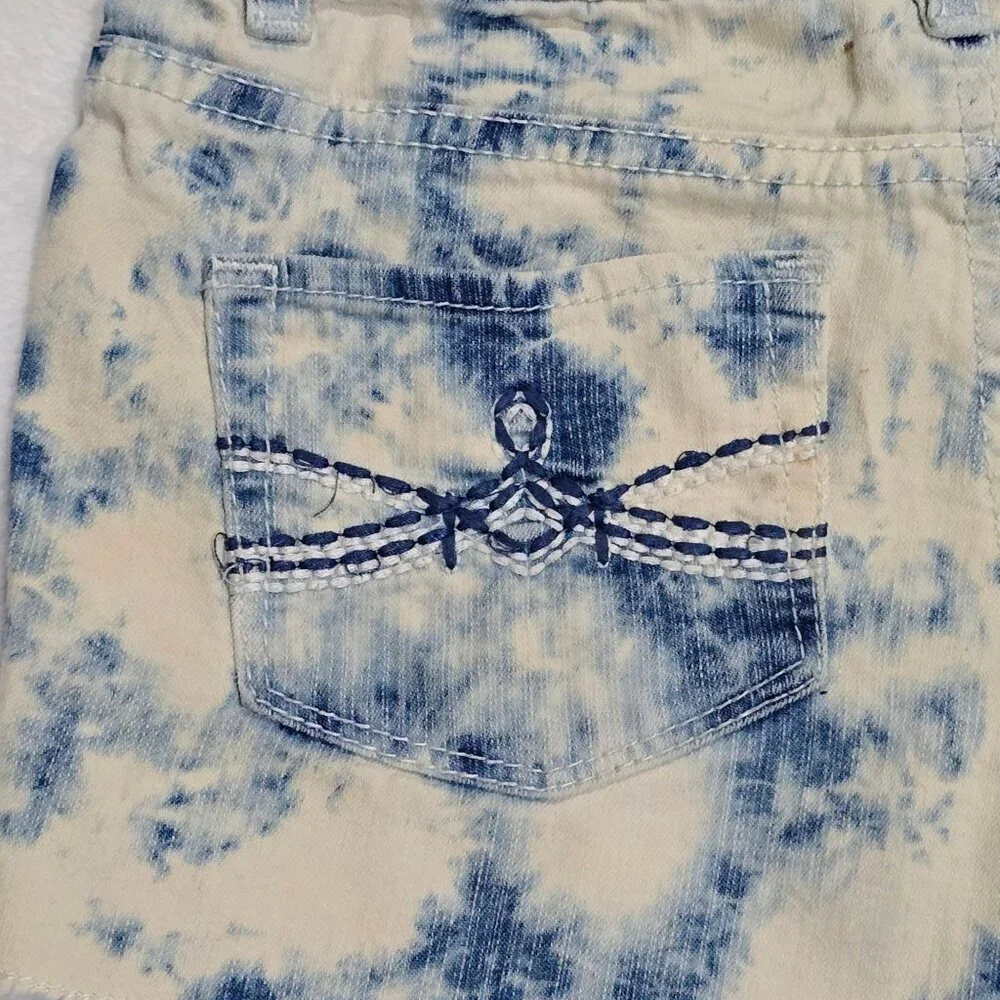 Mudd Girls Blue White Tie Dye Raw Hem Adjustable Waist Denim Shorts Excellent 8